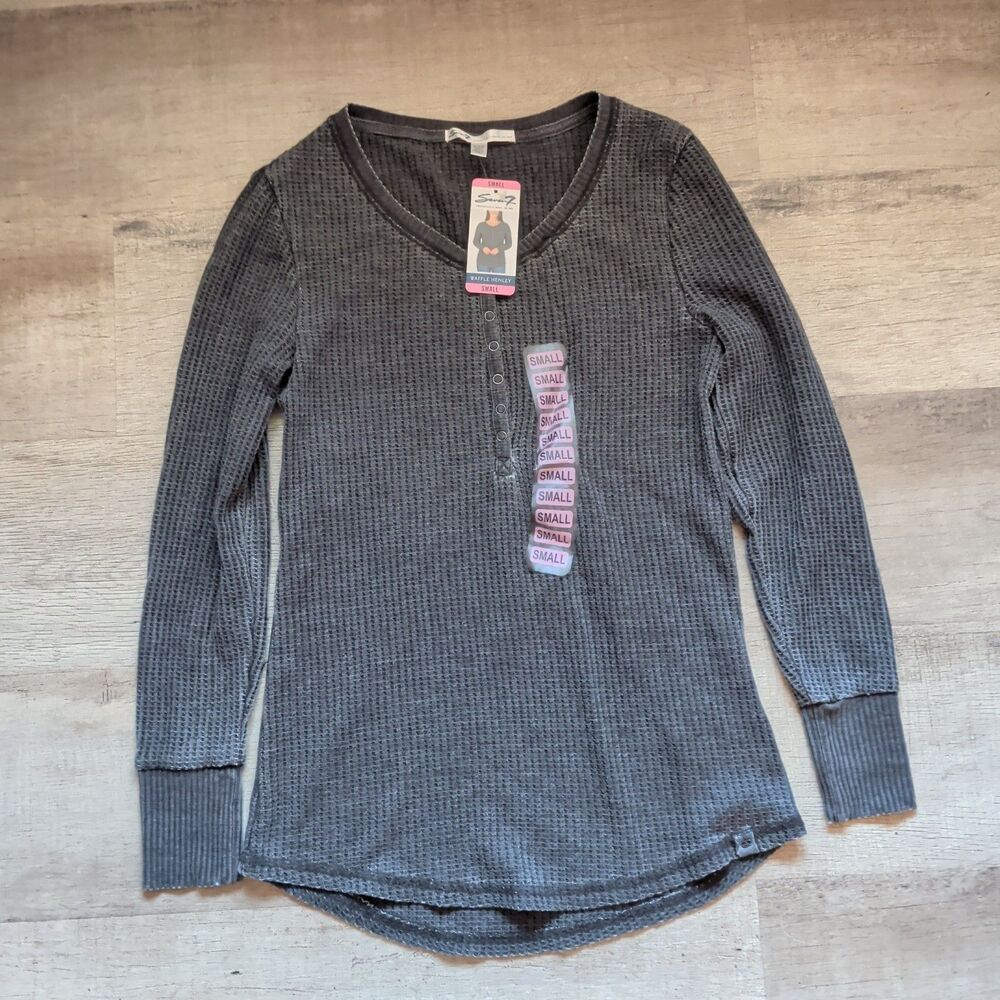 Seven7 Womens Waffle Henley Top Gray Size S New with Tags Snap V-Neck